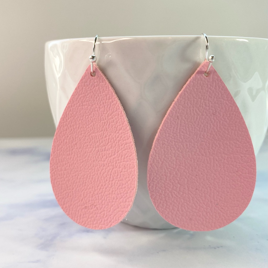 Pink Teardrop Dangle Earrings, Vegan Leather